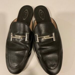 Tod's Black Leather Slide Mules with Silver Hardware
